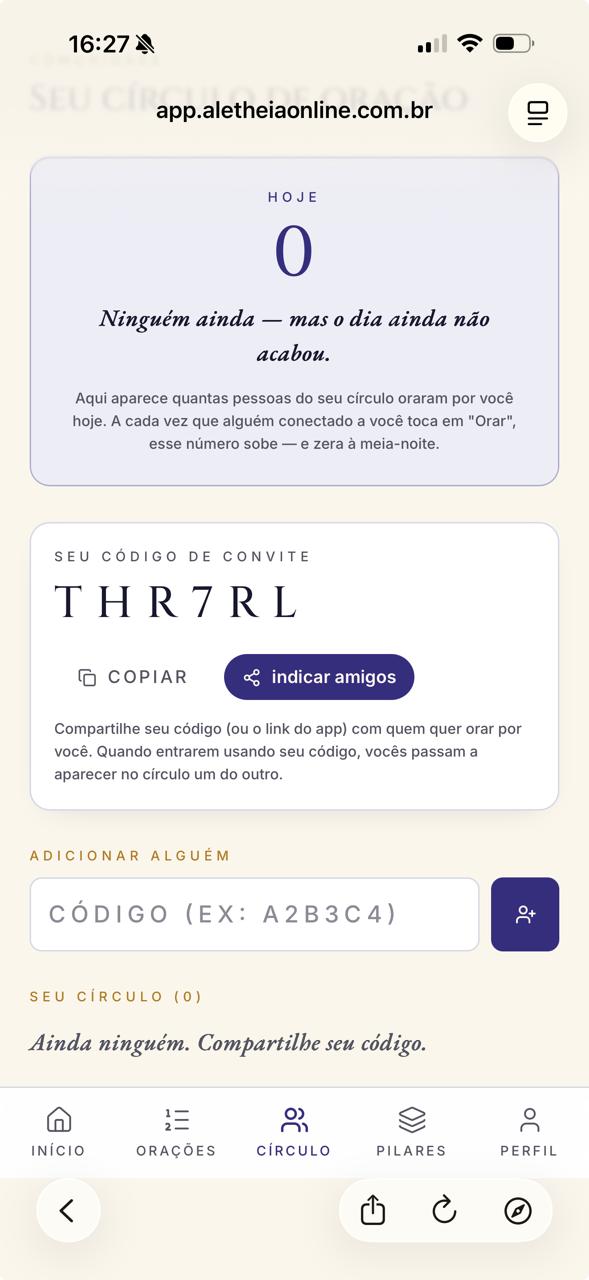 Tela do círculo de oração com código de convite