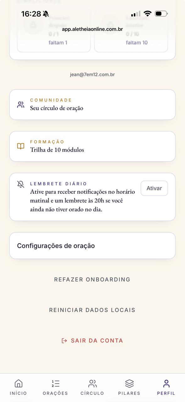 Configurações: círculo, formação, lembrete diário, configurações de oração