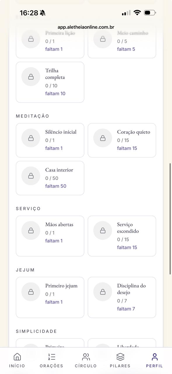 Lista de conquistas por categoria: oração, meditação, serviço, jejum, simplicidade