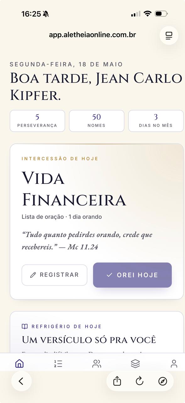 Tela inicial do app Aletheia mostrando saudação, perseverança e intercessão do dia