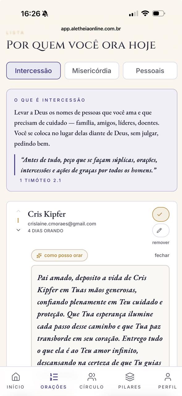 Sugestão de oração escrita para a pessoa da lista