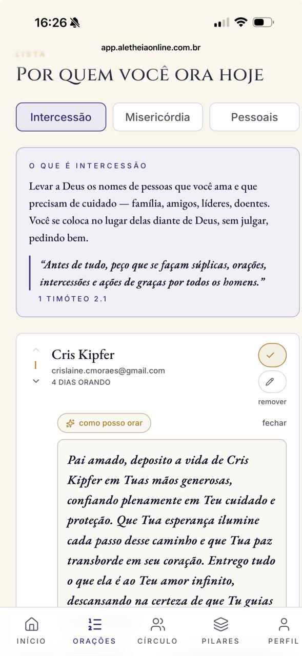 Lista de intercessão com nomes da família e amigos