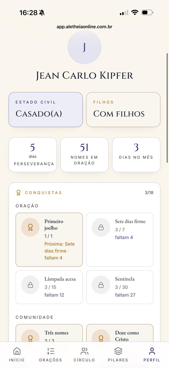 Perfil do usuário com estado civil, filhos, perseverança e primeiras conquistas