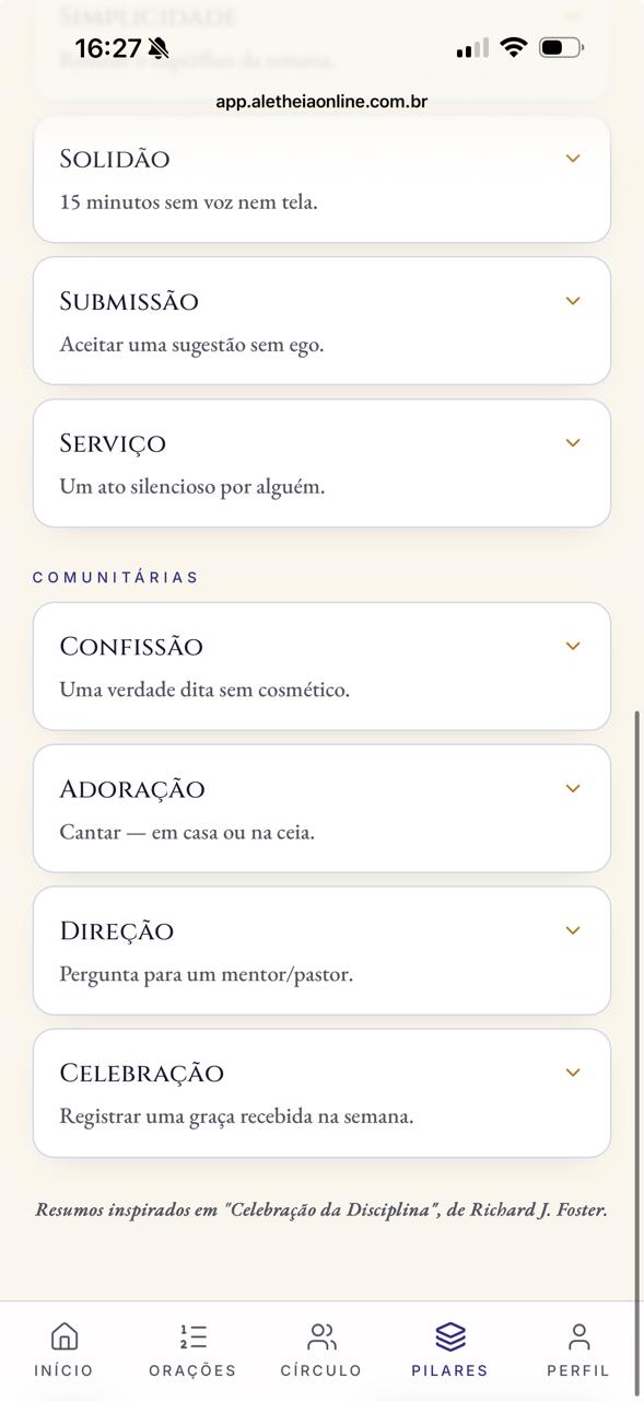 Lista completa dos doze pilares com referência a Celebração da Disciplina de Richard Foster